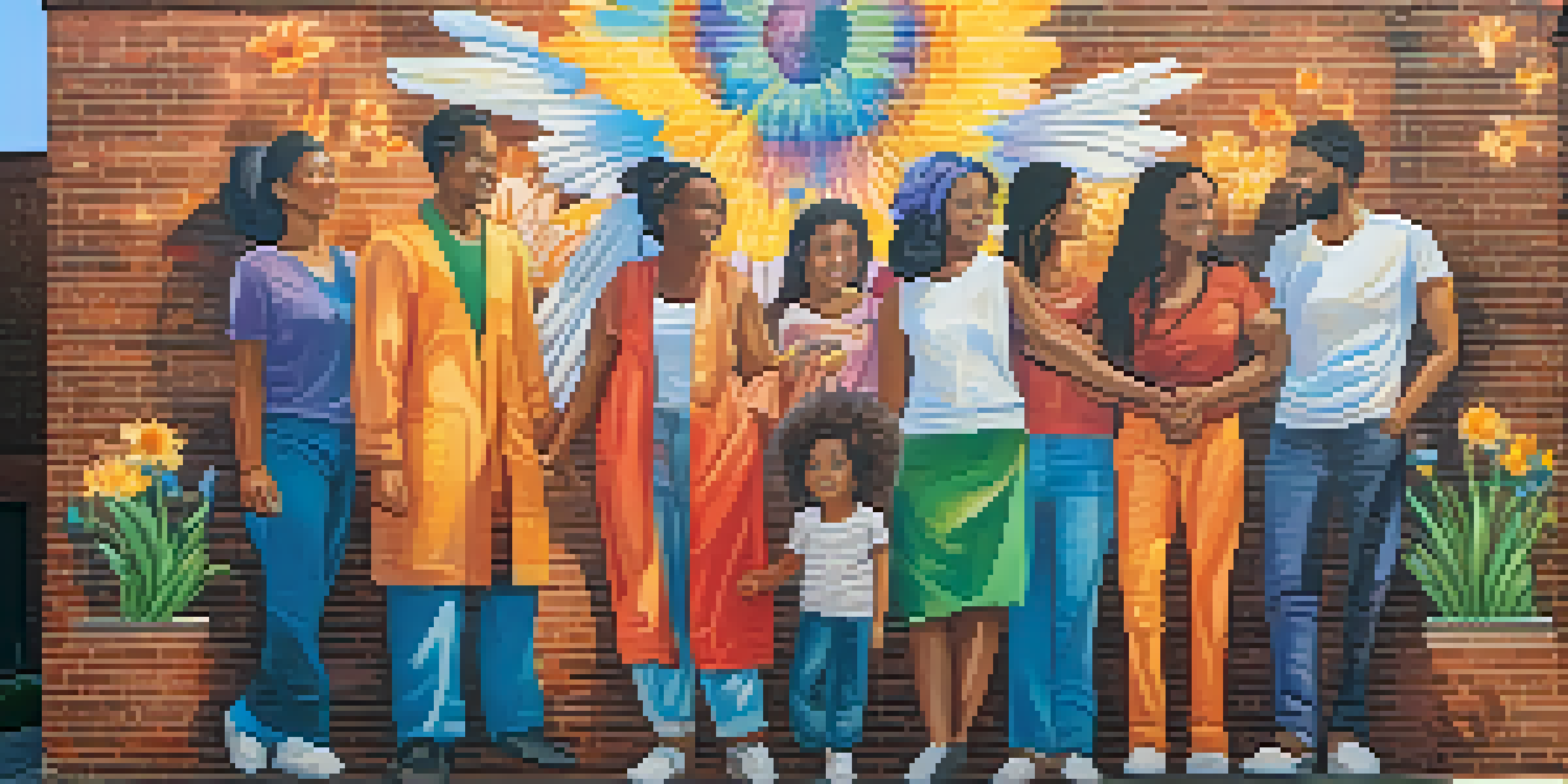 A colorful street mural showing diverse individuals holding hands in unity, surrounded by flowers and peace symbols.