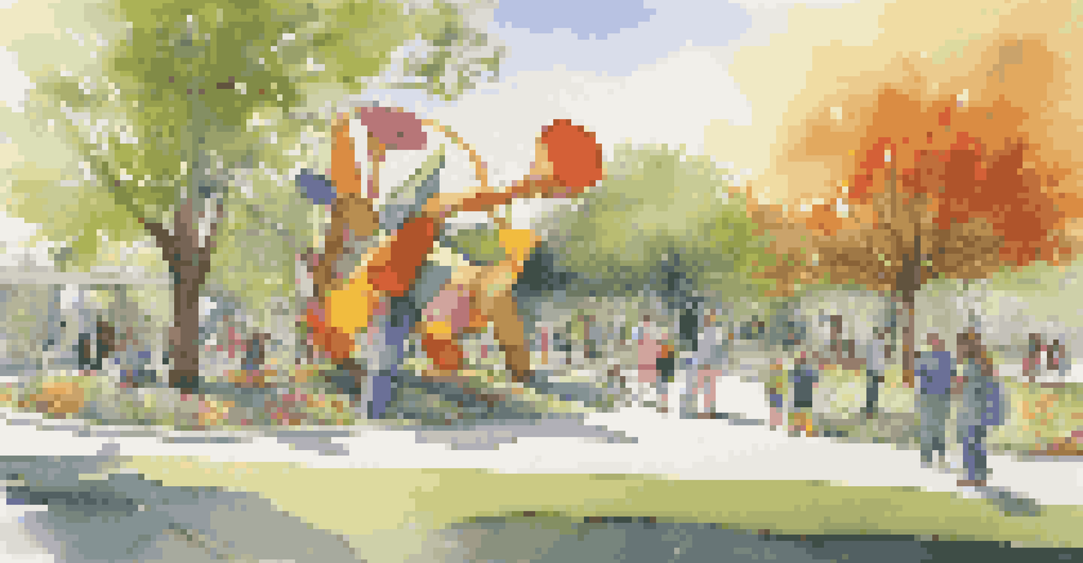 An outdoor public art installation made of recycled materials, with families interacting with the colorful sculptures surrounded by greenery.