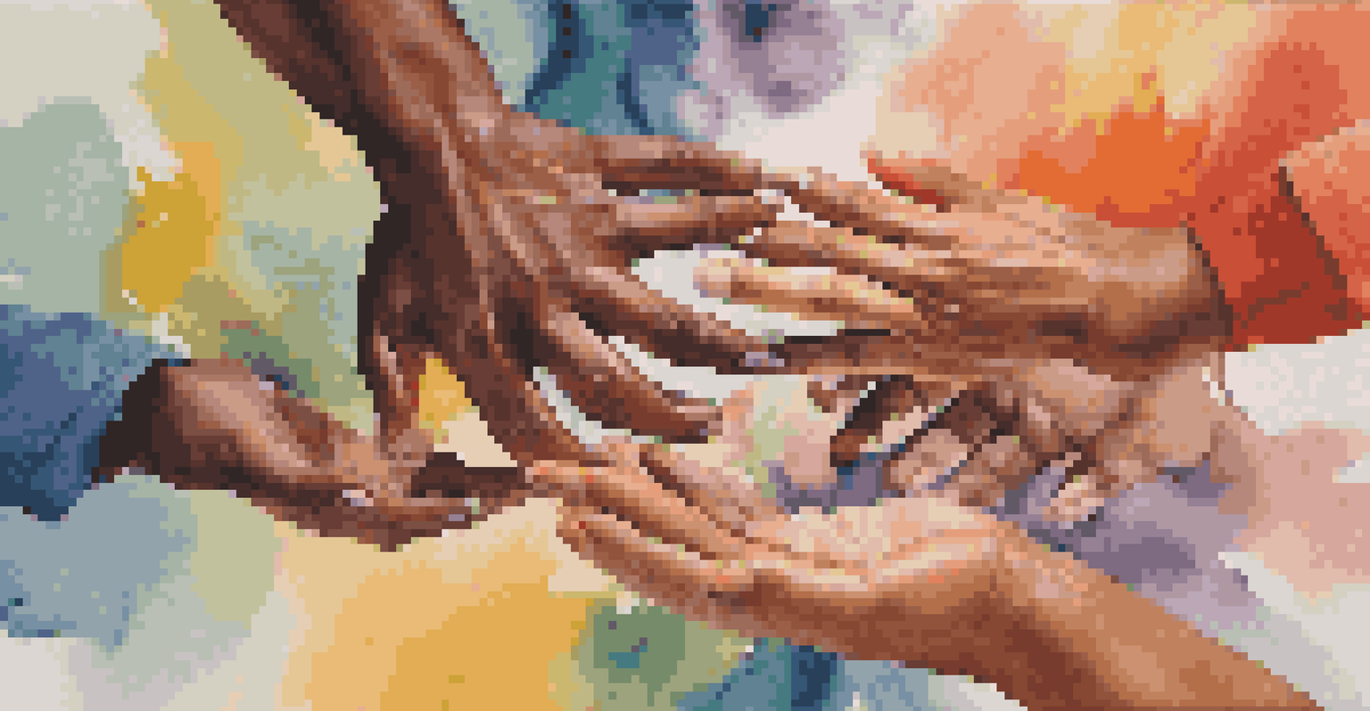 Close-up of diverse hands mixing paints together on a canvas, symbolizing collaboration and unity in artistic expression.