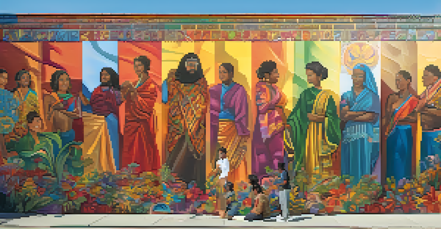 A colorful mural depicting themes of diversity and unity, with people admiring it in bright sunlight.