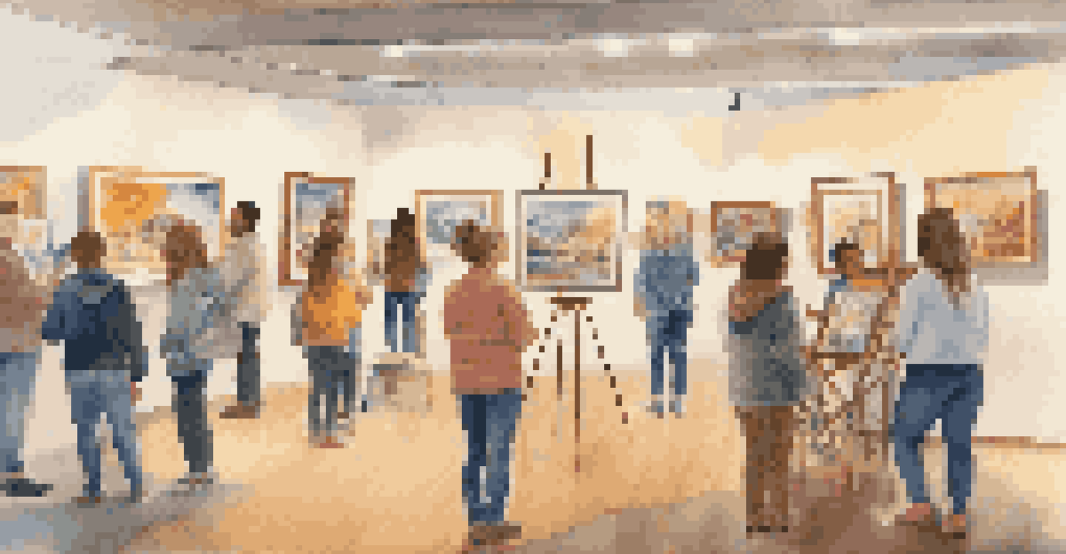 A community art showcase featuring young artists with their colorful artwork displayed, surrounded by visitors admiring the creations in a warmly lit gallery.