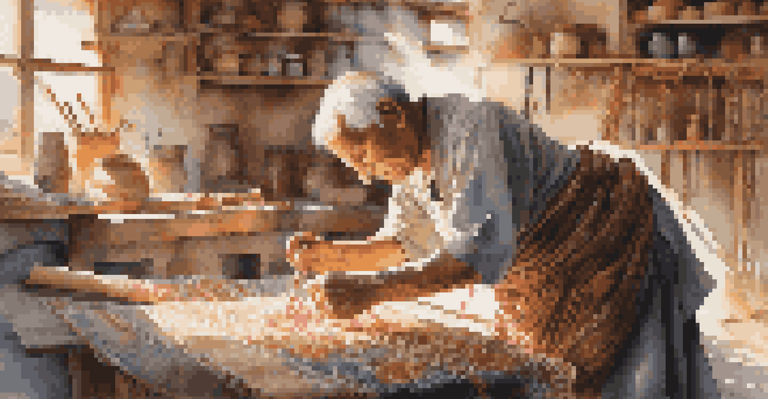 An elderly artisan crafting a handmade textile in a bright workshop, surrounded by colorful threads and tools.