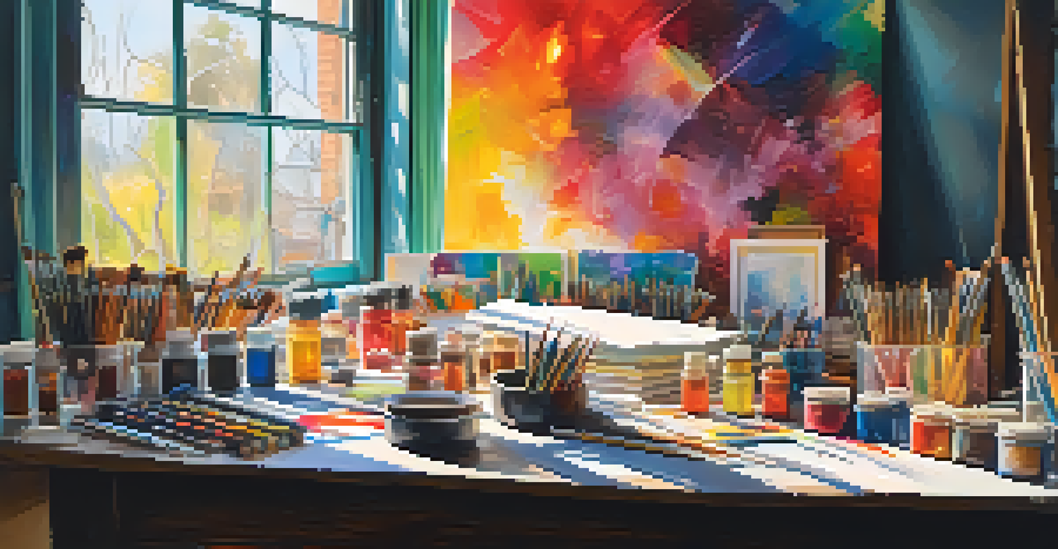 An artist's workspace filled with colorful art supplies and an unfinished abstract painting, illuminated by sunlight.