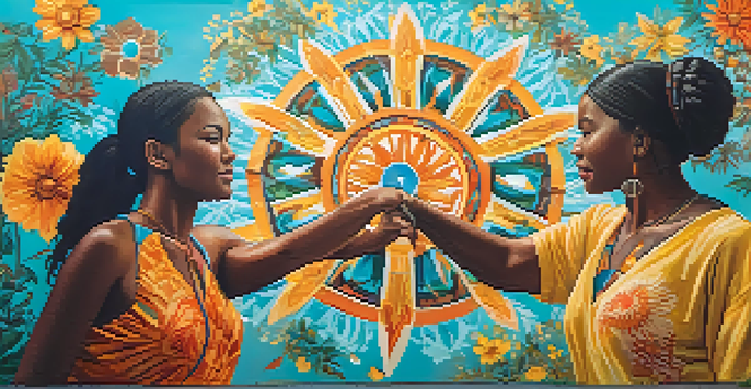 A colorful mural showing diverse people gathered in a circle sharing stories, with bright colors and intricate details.