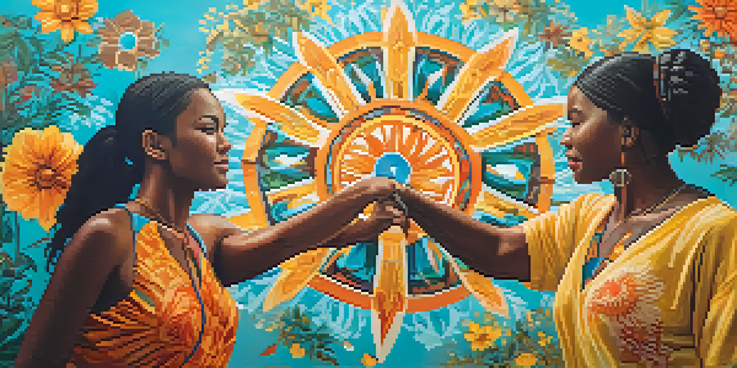 A colorful mural showing diverse people gathered in a circle sharing stories, with bright colors and intricate details.