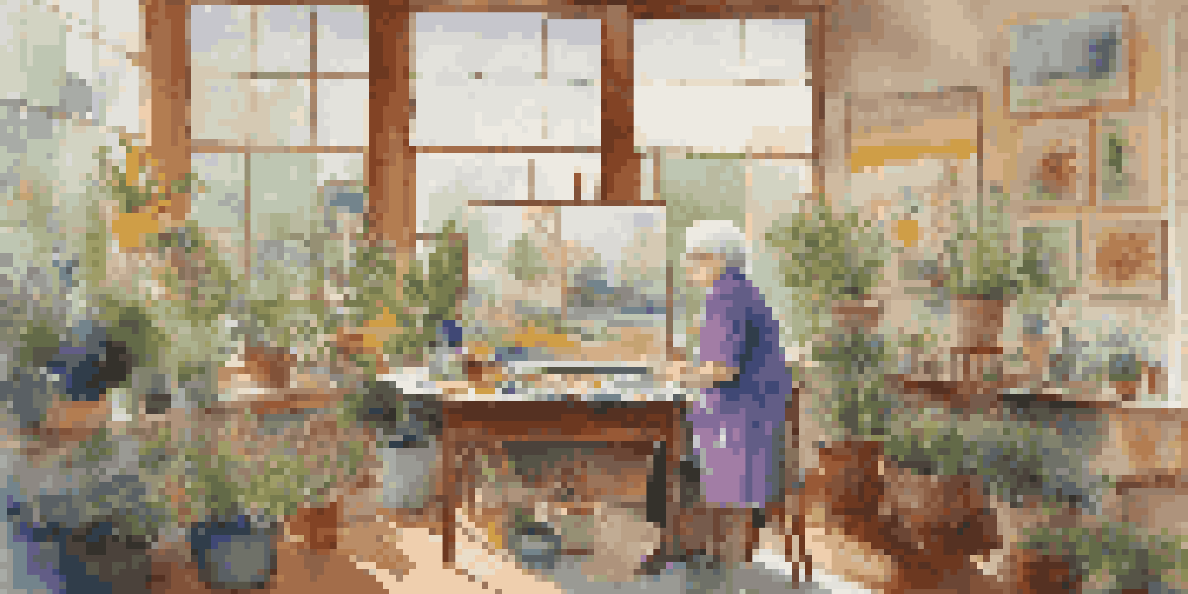 An elderly woman painting in a bright art studio, surrounded by colorful artwork and plants.