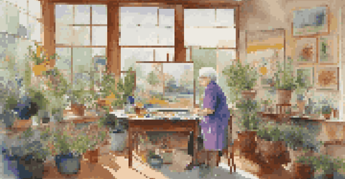 An elderly woman painting in a bright art studio, surrounded by colorful artwork and plants.