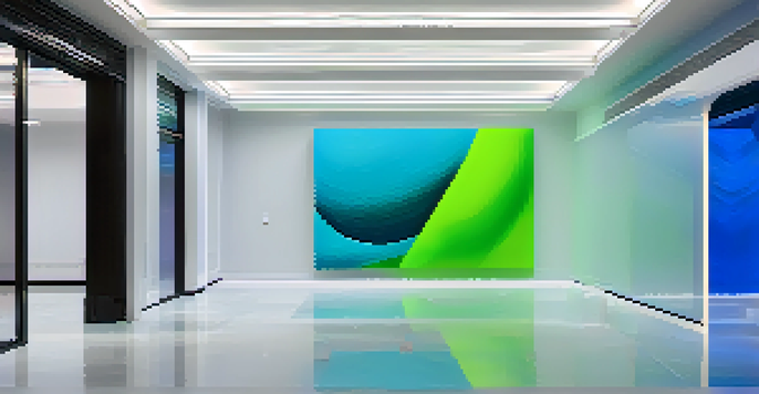 A vibrant digital art installation with electric blue and neon green colors, showcasing layers and textures in a minimalist gallery setting.