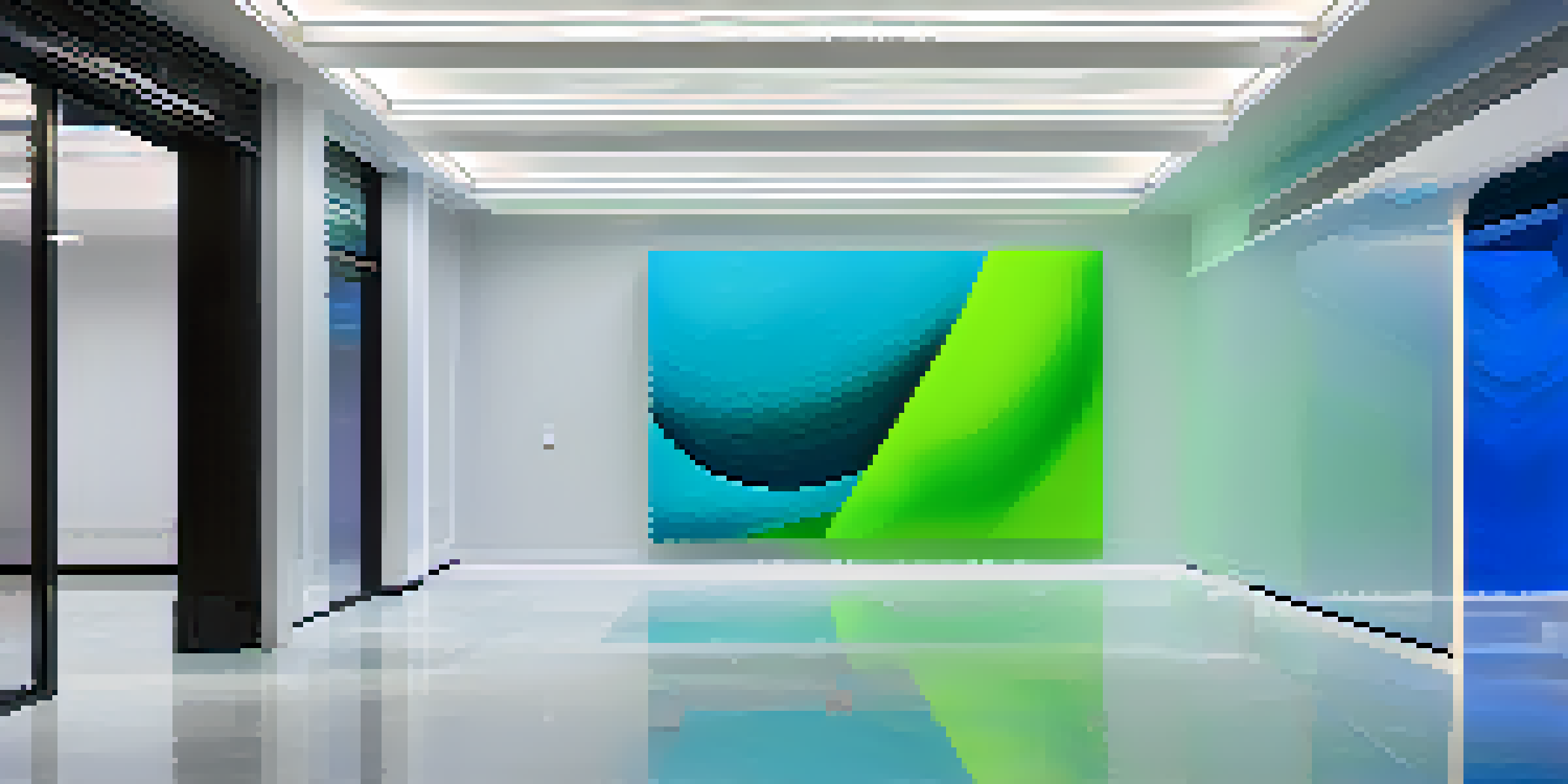 A vibrant digital art installation with electric blue and neon green colors, showcasing layers and textures in a minimalist gallery setting.