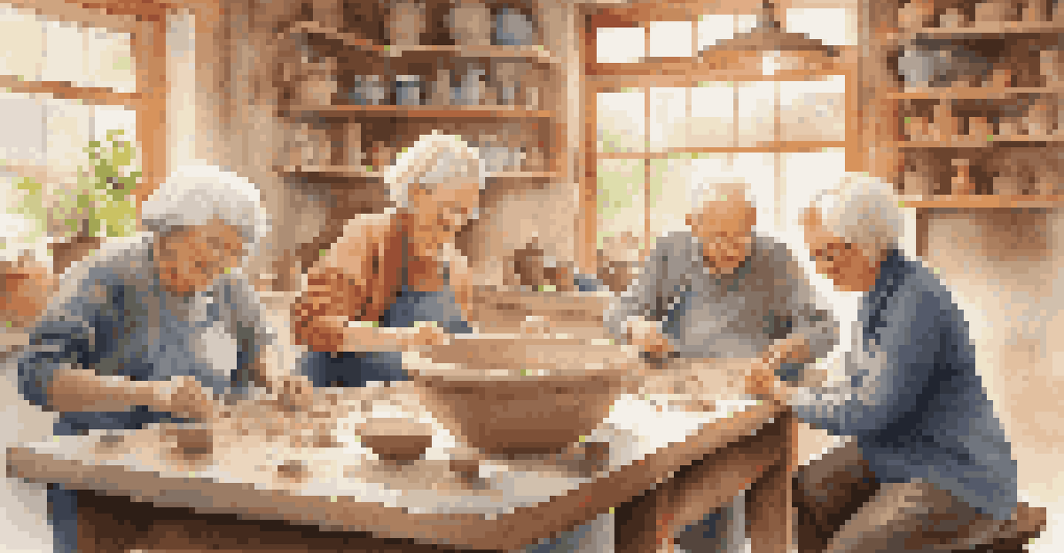 Seniors participating in a pottery class indoors, with clay and tools on the table, illuminated by soft natural light as they enjoy the creative process.
