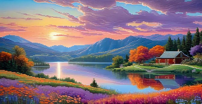 A colorful fantasy landscape with hills, a lake, and a village at sunset.