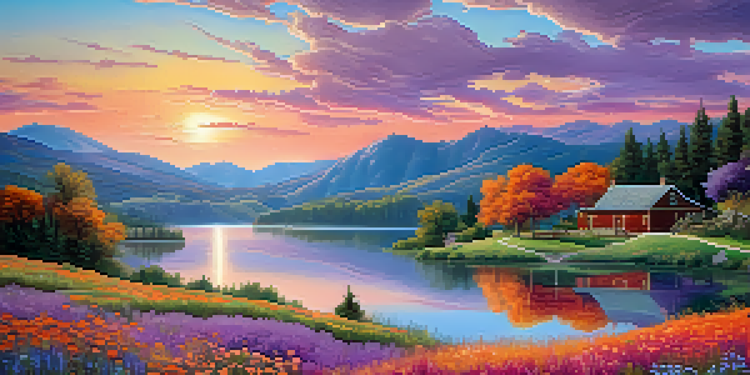 A colorful fantasy landscape with hills, a lake, and a village at sunset.