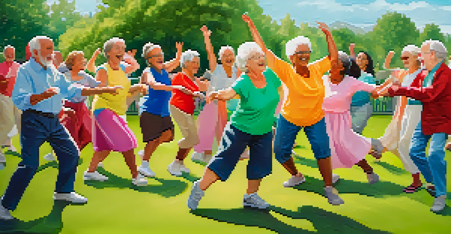 A lively outdoor dance therapy session for seniors in a park, filled with laughter and movement under the sun.