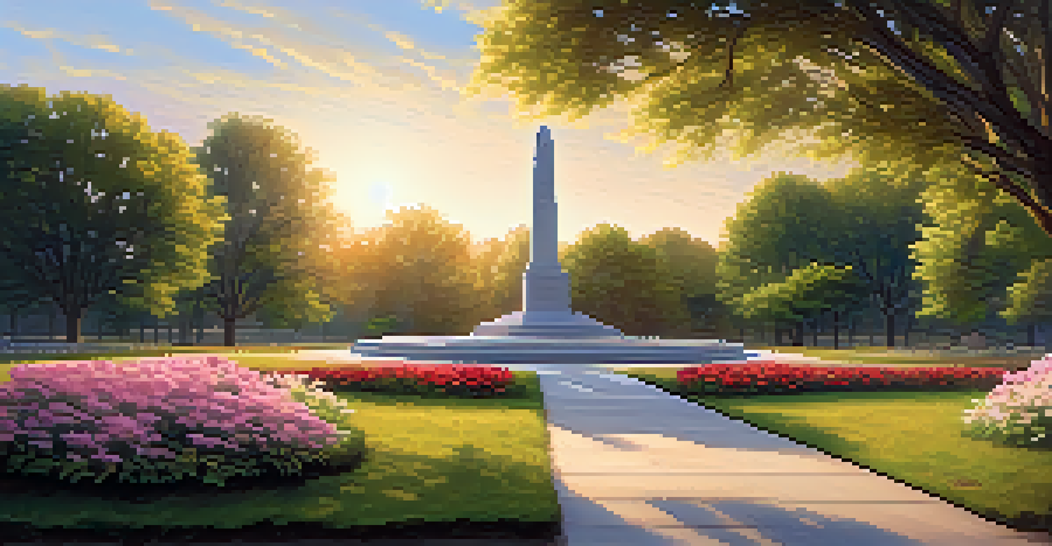 A tranquil memorial park with a stone monument surrounded by flowers and trees, captured during the golden hour with soft sunlight.