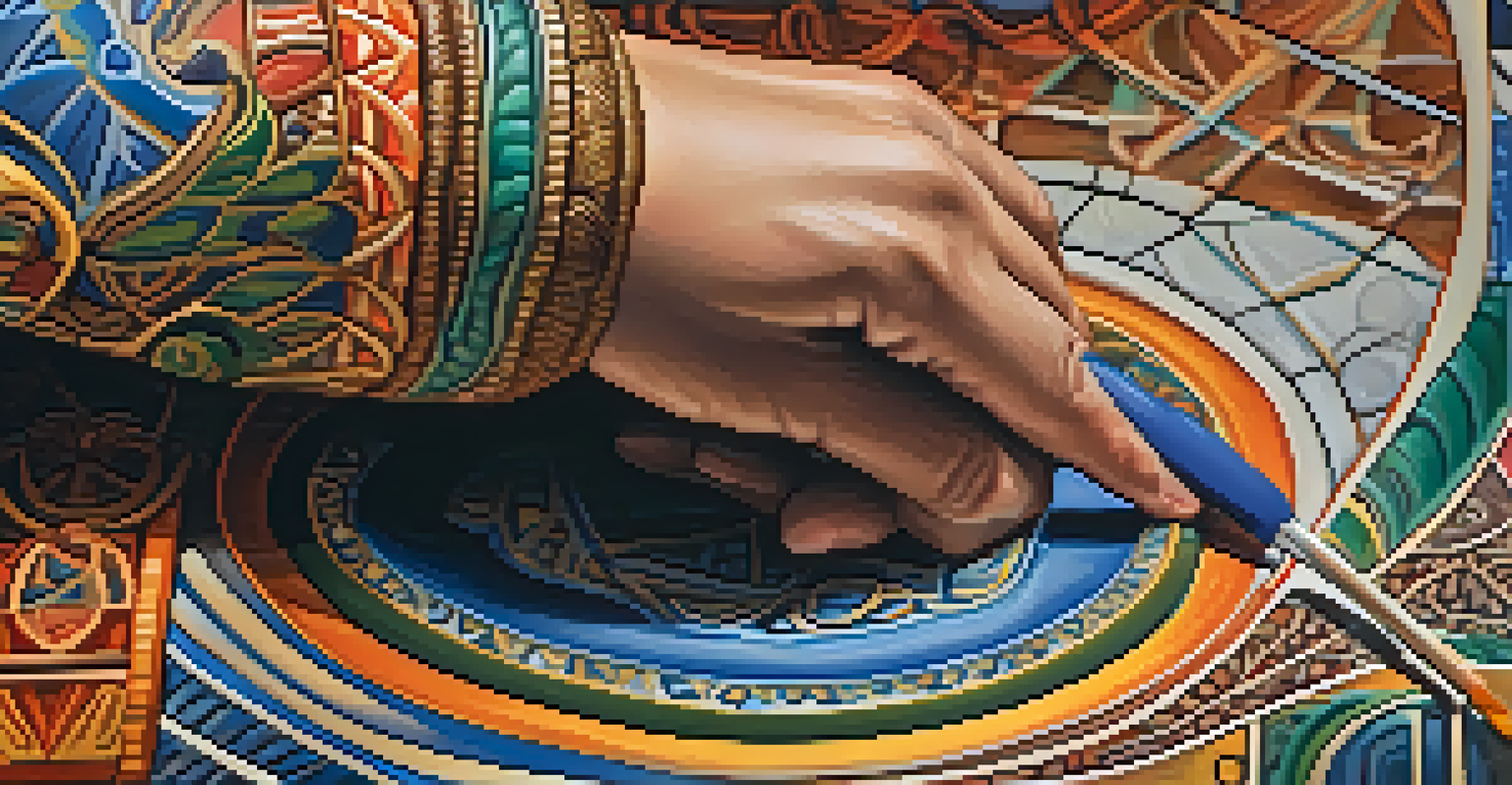 An artist painting a vibrant mural inspired by ancient folklore in a colorful studio.