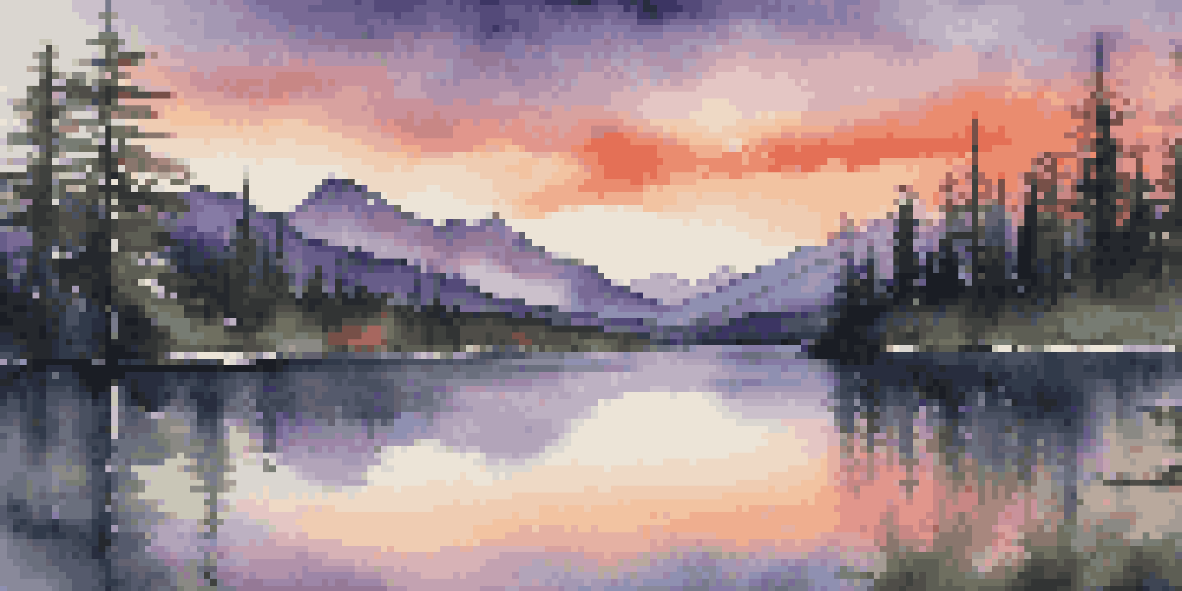 A scenic mountain range at sunset with a lake reflecting the colorful sky and surrounded by pine trees.