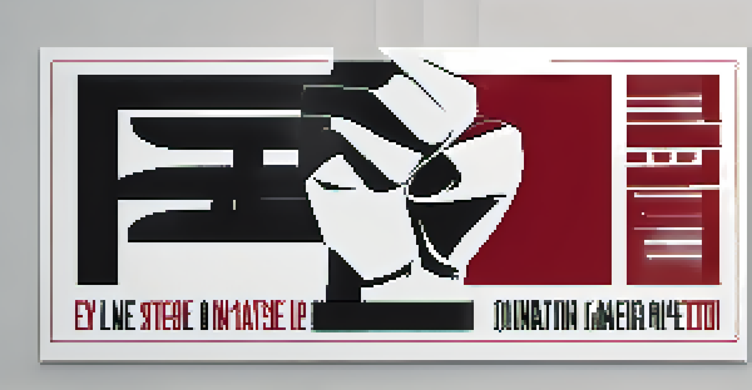 A social media graphic for a social justice campaign featuring a raised fist symbol on a gradient red and black background. Minimal text in white contrasts sharply for impact.