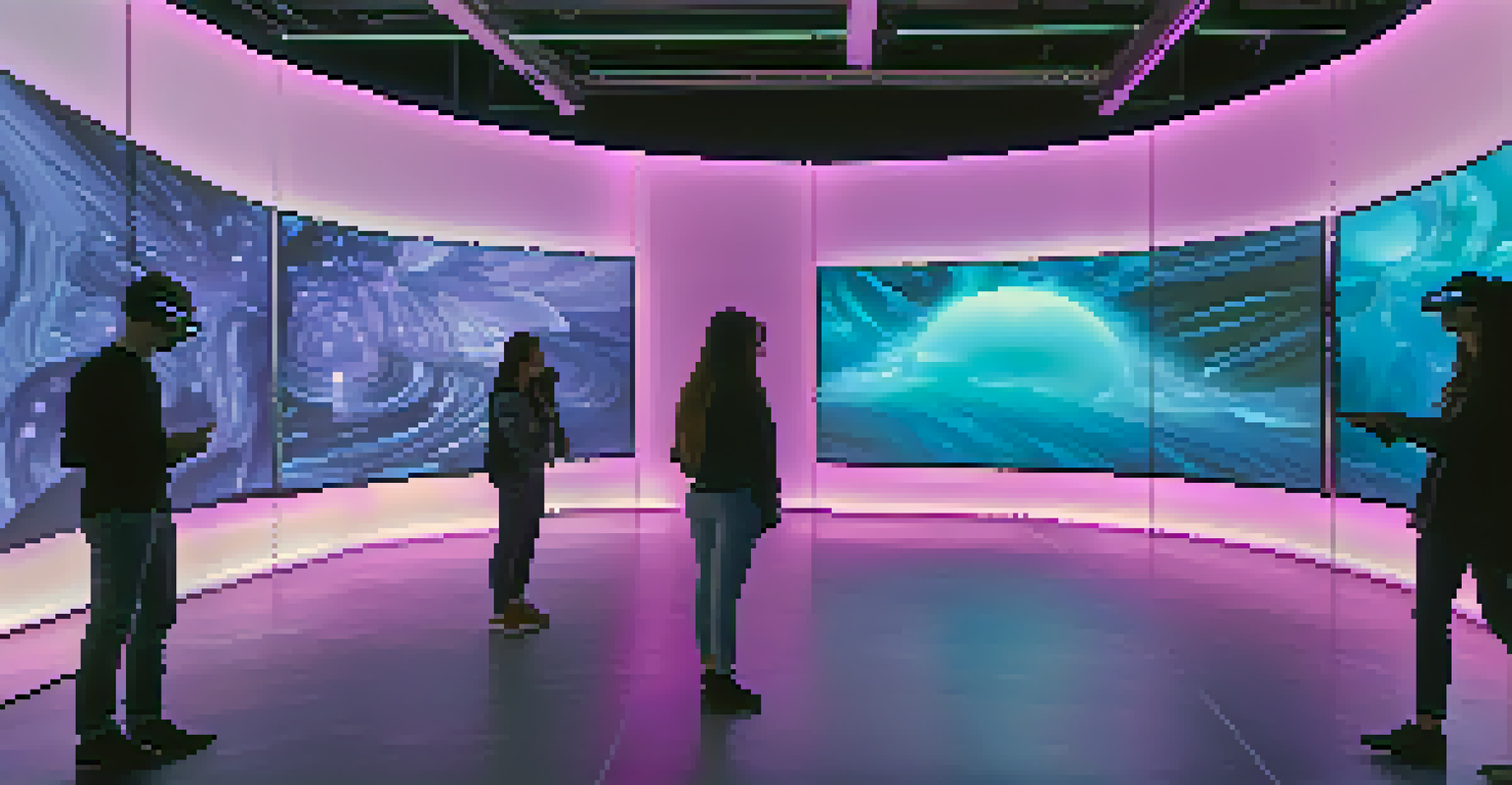 A futuristic gallery showcasing an interactive VR art exhibition with dynamic digital screens and ambient lighting.