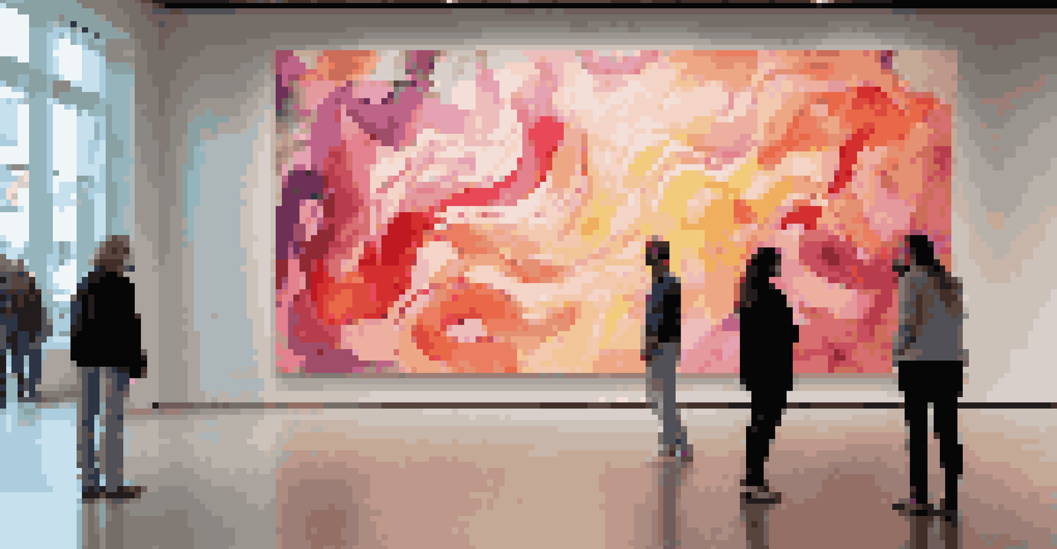 An abstract digital artwork in a gallery, showcasing bold colors and patterns, with visitors admiring it.