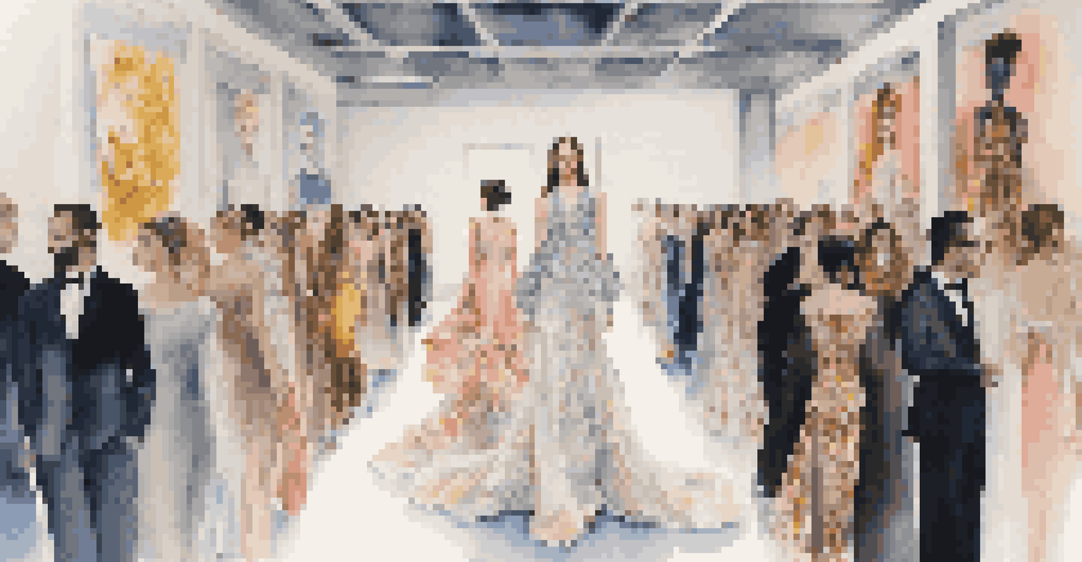 A fashion runway that resembles an art gallery, with models in artistic clothing and vibrant installations.