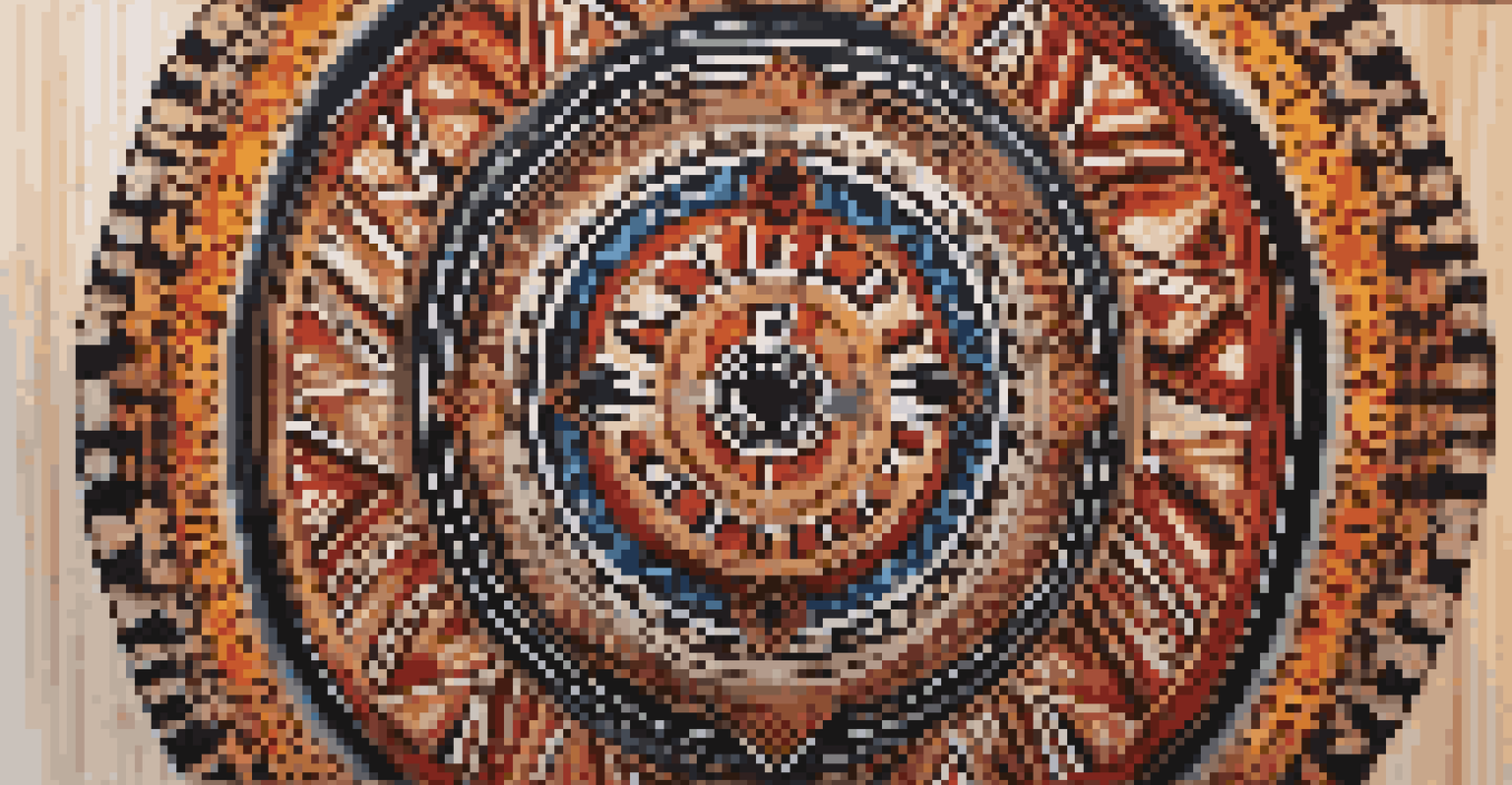 A close-up view of a traditional Indigenous art piece featuring intricate patterns and vibrant colors against a wooden backdrop.