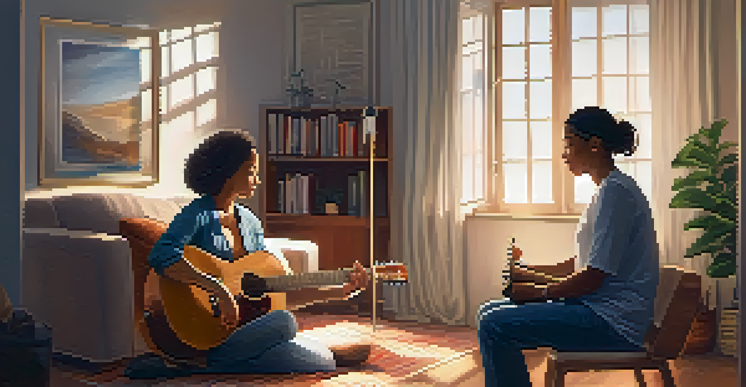 A warm and cozy music therapy session with a therapist playing guitar and a participant relaxing, surrounded by visual musical notes in the air.
