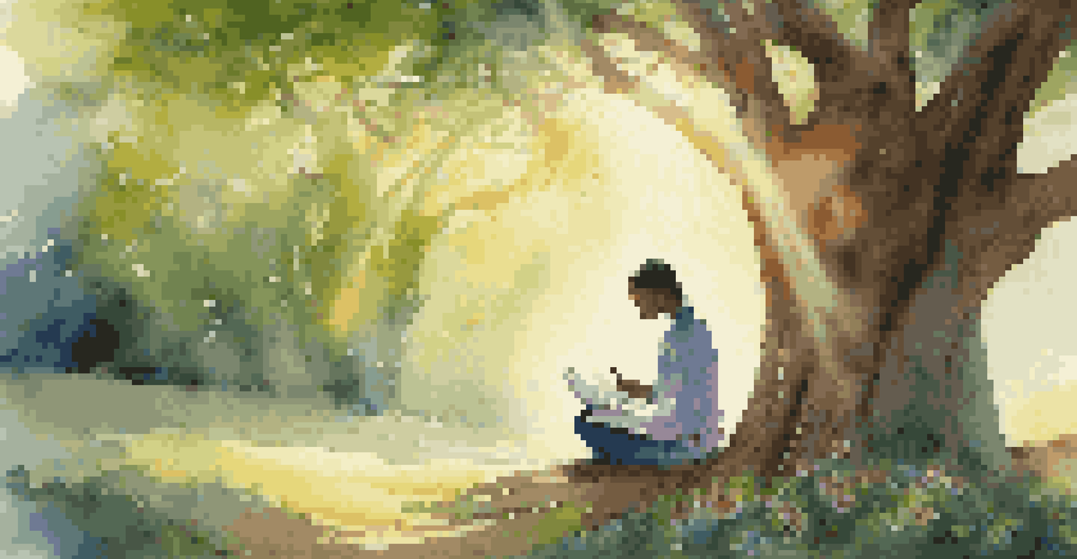 A person writing under a tree surrounded by greenery and flowers, illuminated by sunlight.