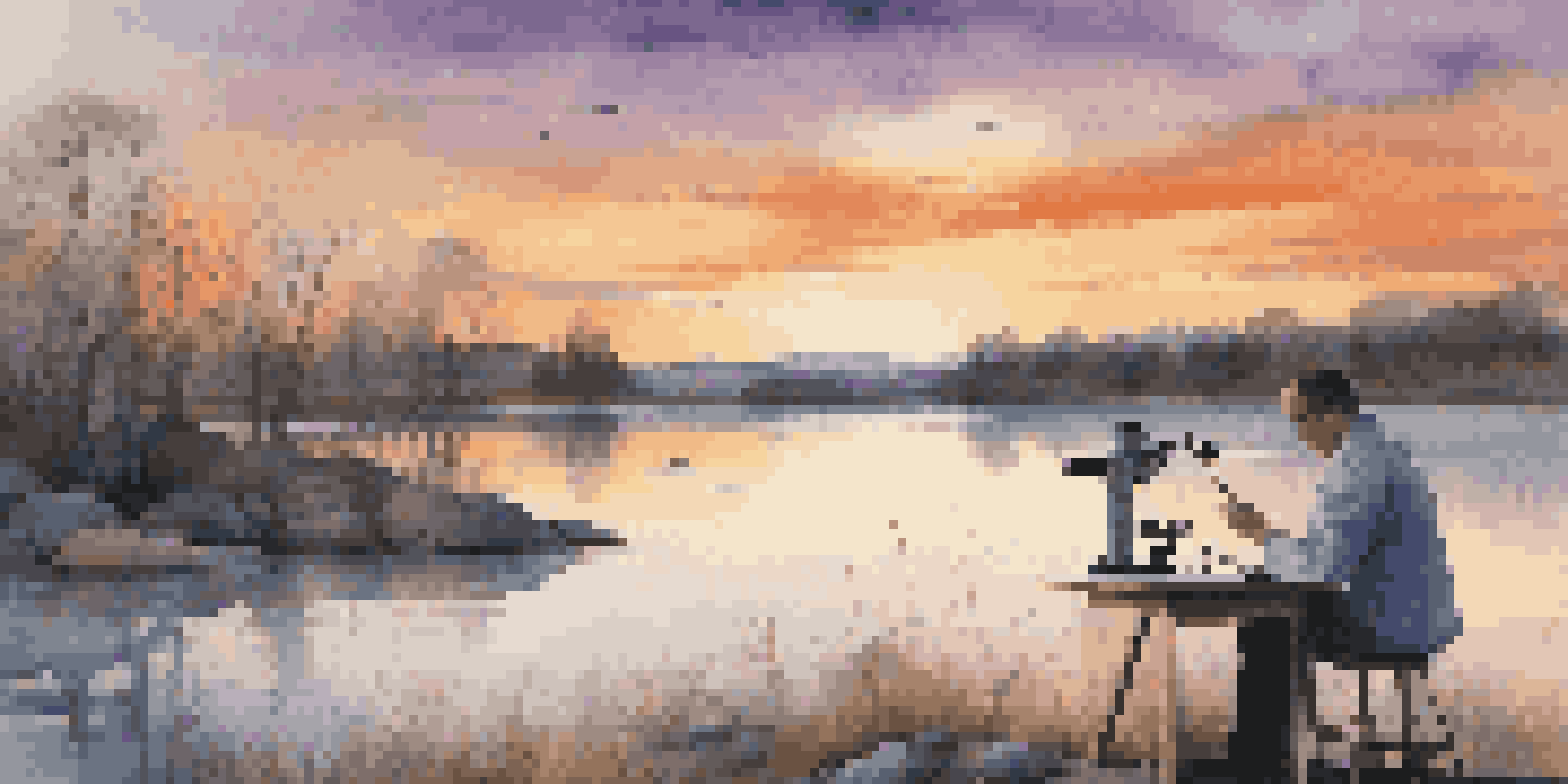 A painter and a scientist working side by side in a beautiful landscape at sunset, illustrating the connection between art and science.
