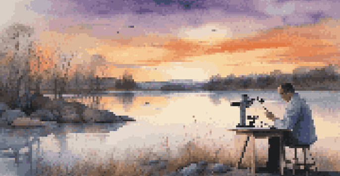 A painter and a scientist working side by side in a beautiful landscape at sunset, illustrating the connection between art and science.