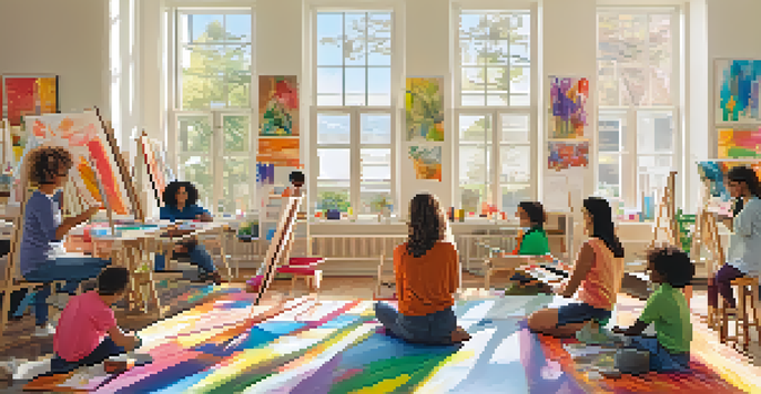 A bright art therapy room with people of different ages engaged in creative activities, surrounded by colorful art supplies and artworks on the walls.