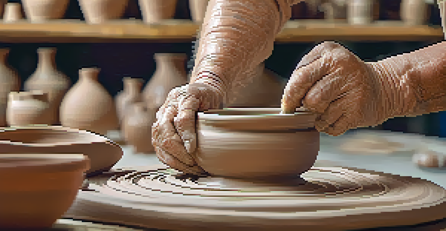 Close-up of a senior's hands shaping clay on a potter's wheel in a bright pottery studio.
