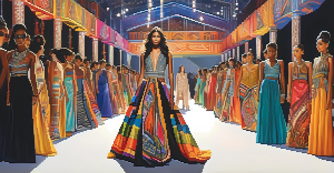 A fashion runway with models wearing colorful garments featuring tribal patterns, illuminated by vibrant lights.