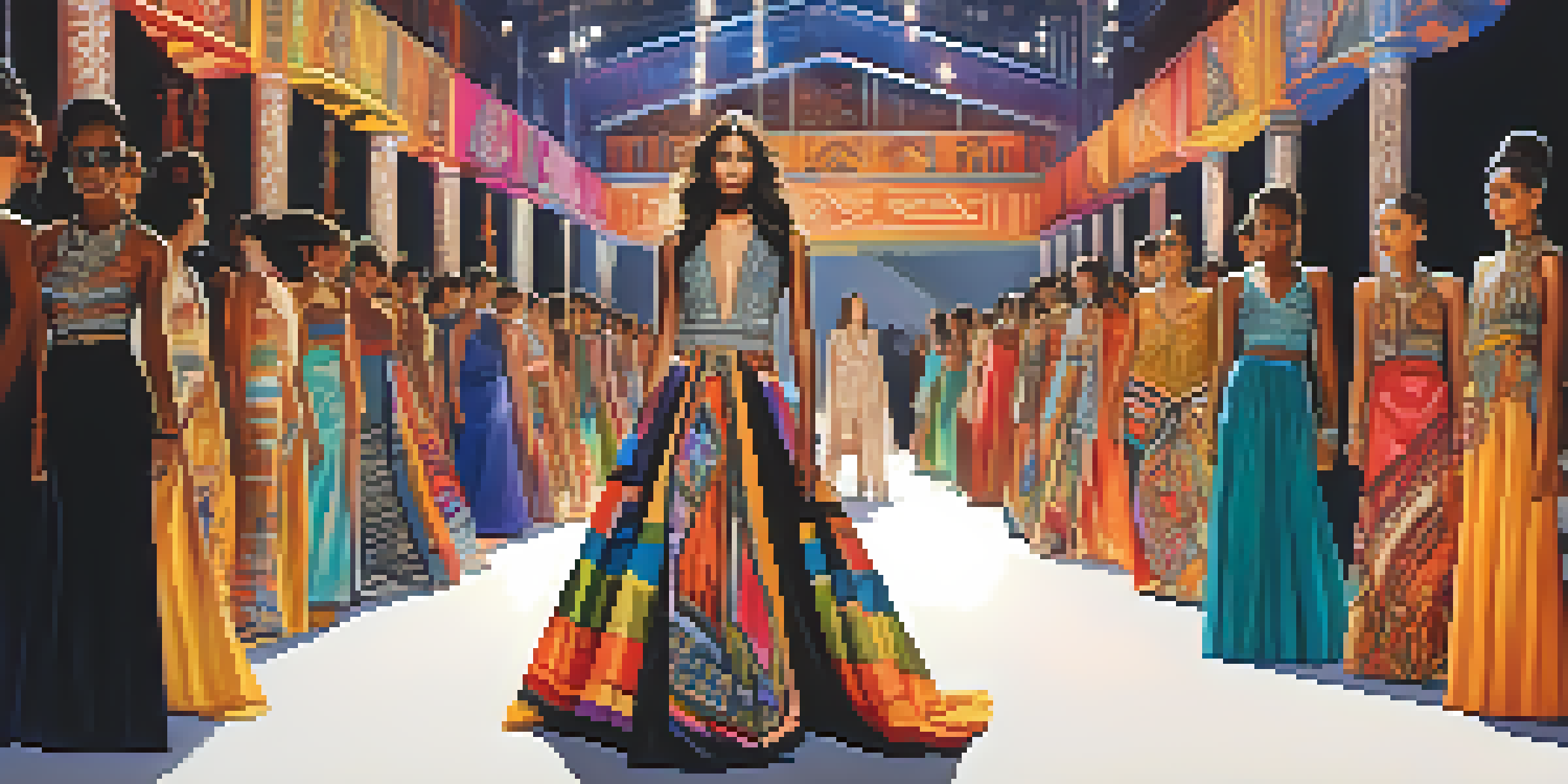 A fashion runway with models wearing colorful garments featuring tribal patterns, illuminated by vibrant lights.