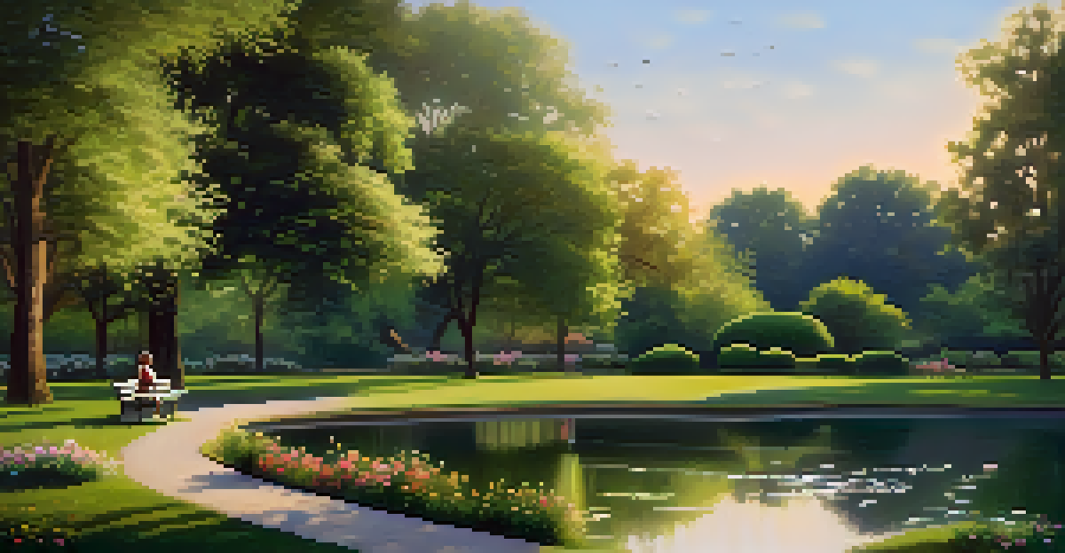 A woman sitting on a bench in a peaceful park, writing poetry with a serene pond and blooming flowers around her.