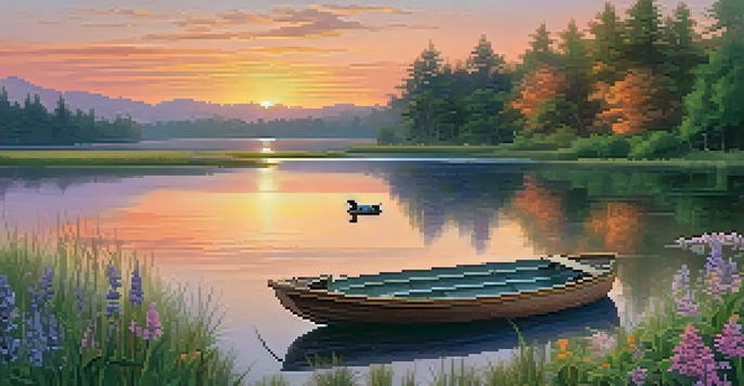 A peaceful sunset landscape with a colorful sky reflected on a calm lake, surrounded by trees and flowers, with a wooden boat and ducks.