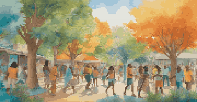 A colorful mural showing diverse people working together on an art project, surrounded by nature.