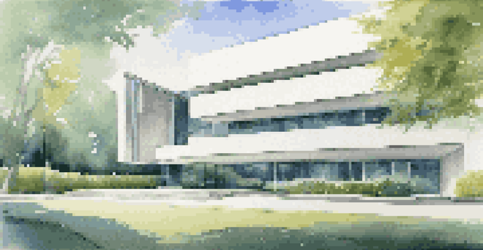 A modernist building with a minimalist design, surrounded by greenery and blue sky, featuring large glass windows and a concrete exterior.