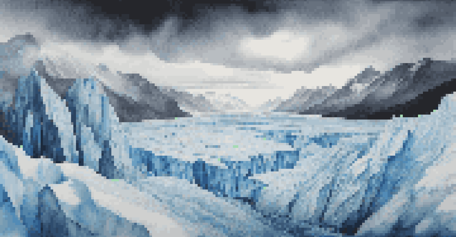 A time-lapse scene from a documentary showing a melting glacier, with dramatic clouds and statistics about climate change overlaying the image.