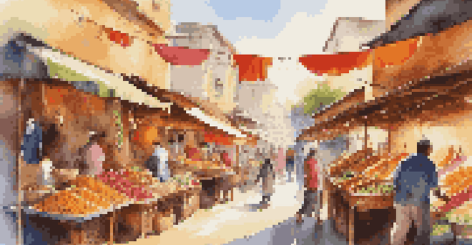 A lively street market filled with diverse cultural foods and people interacting happily.