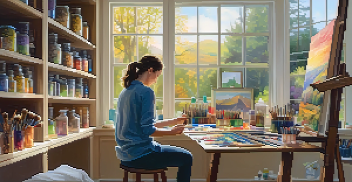 An artist painting in a well-lit home studio surrounded by art supplies and colorful artworks.