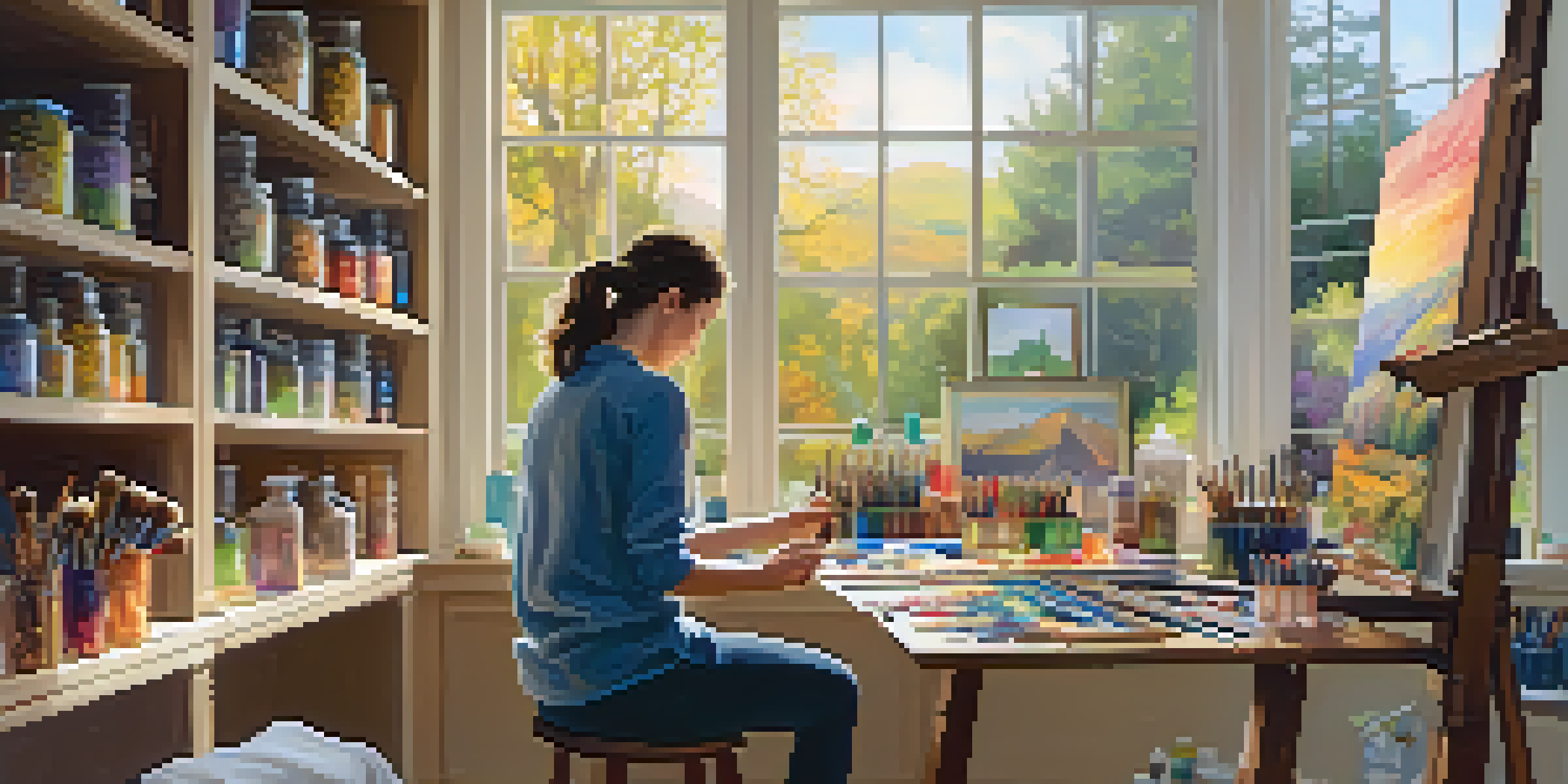 An artist painting in a well-lit home studio surrounded by art supplies and colorful artworks.