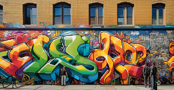 A lively urban street showcasing colorful graffiti murals that celebrate cultural identities, with people interacting in a warm sunset light.