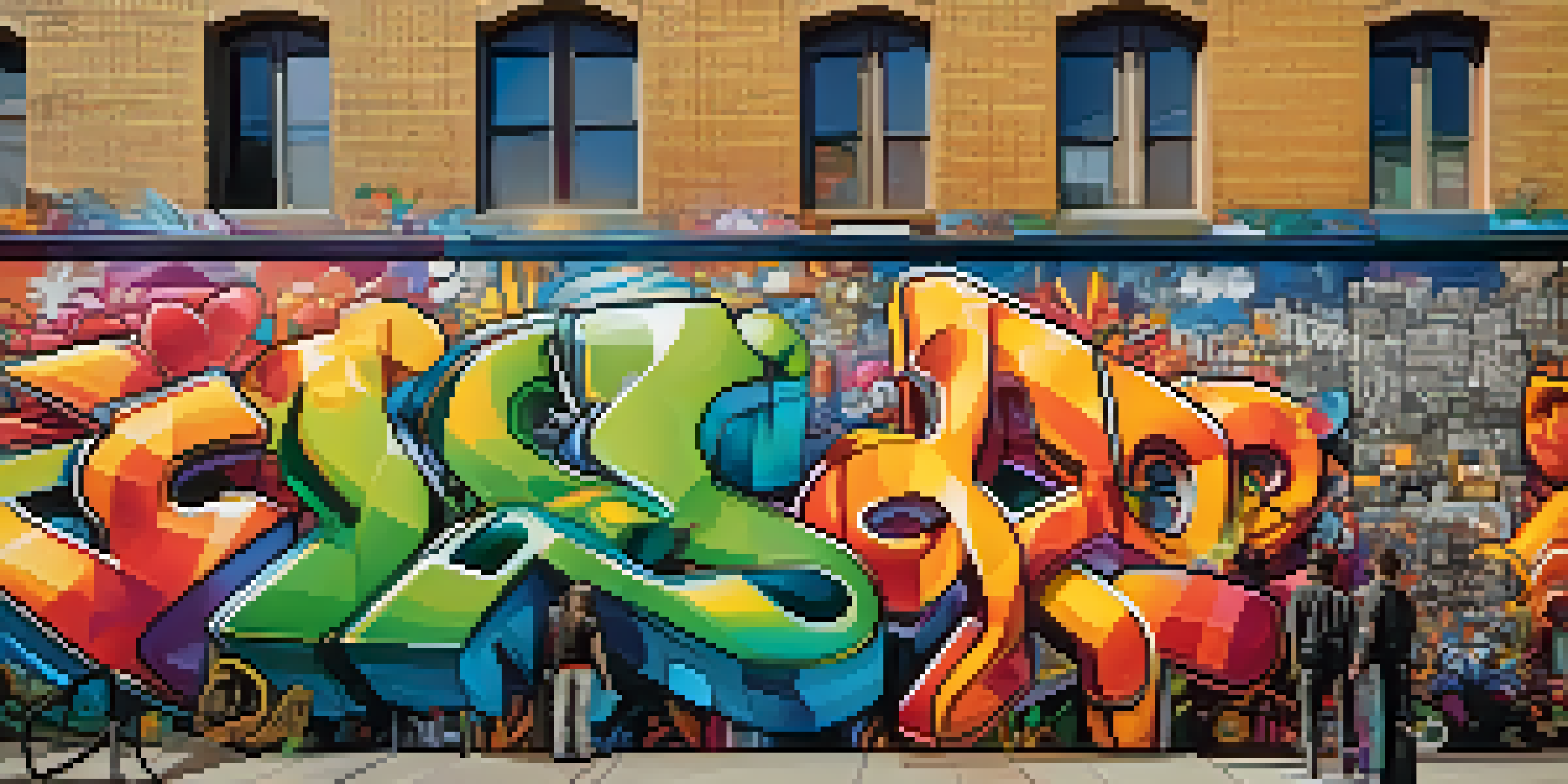 A lively urban street showcasing colorful graffiti murals that celebrate cultural identities, with people interacting in a warm sunset light.
