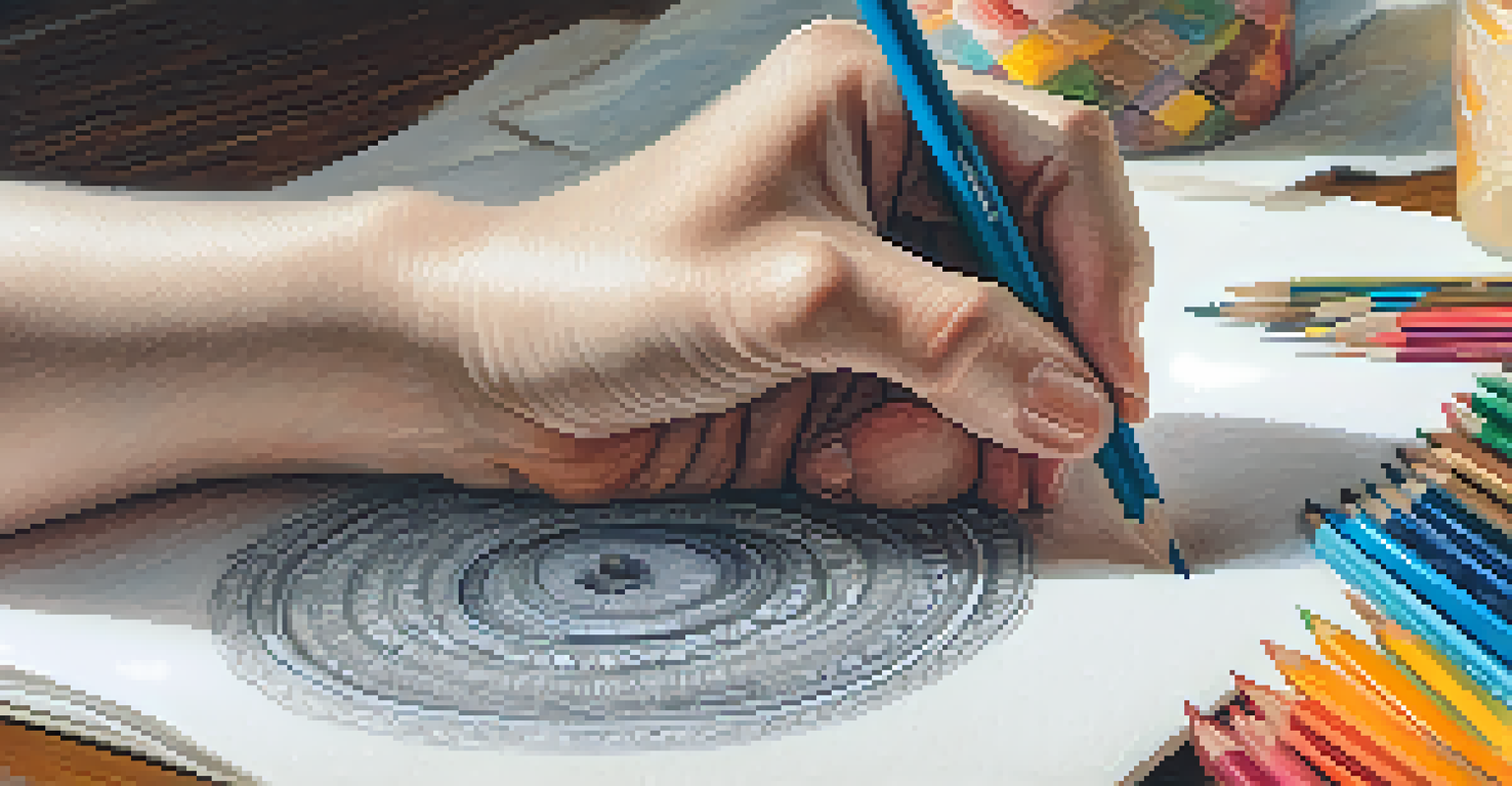 Close-up of hands drawing on textured paper with colorful pencils, illuminated by soft, warm light, emphasizing relaxation and mindfulness.