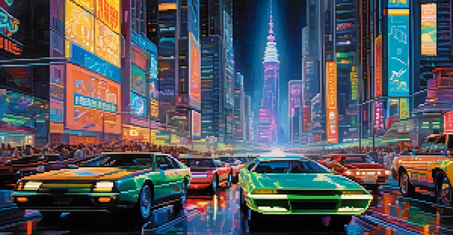 A futuristic city at night with neon lights, flying cars, and bustling streets filled with people.