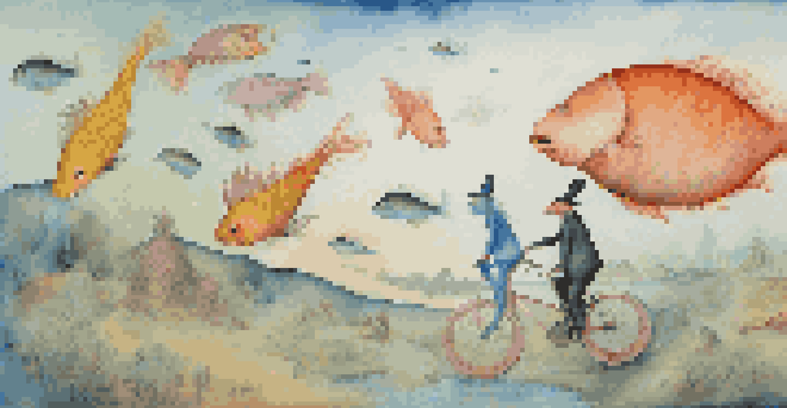 An abstract surrealist painting featuring humorous creatures in a dreamy landscape.