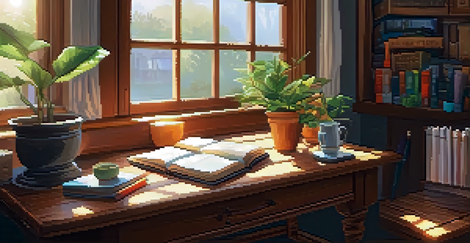 A warm and inviting writing space with a wooden desk, an open journal, colorful pens, a cup of tea, and sunlight streaming through a window.