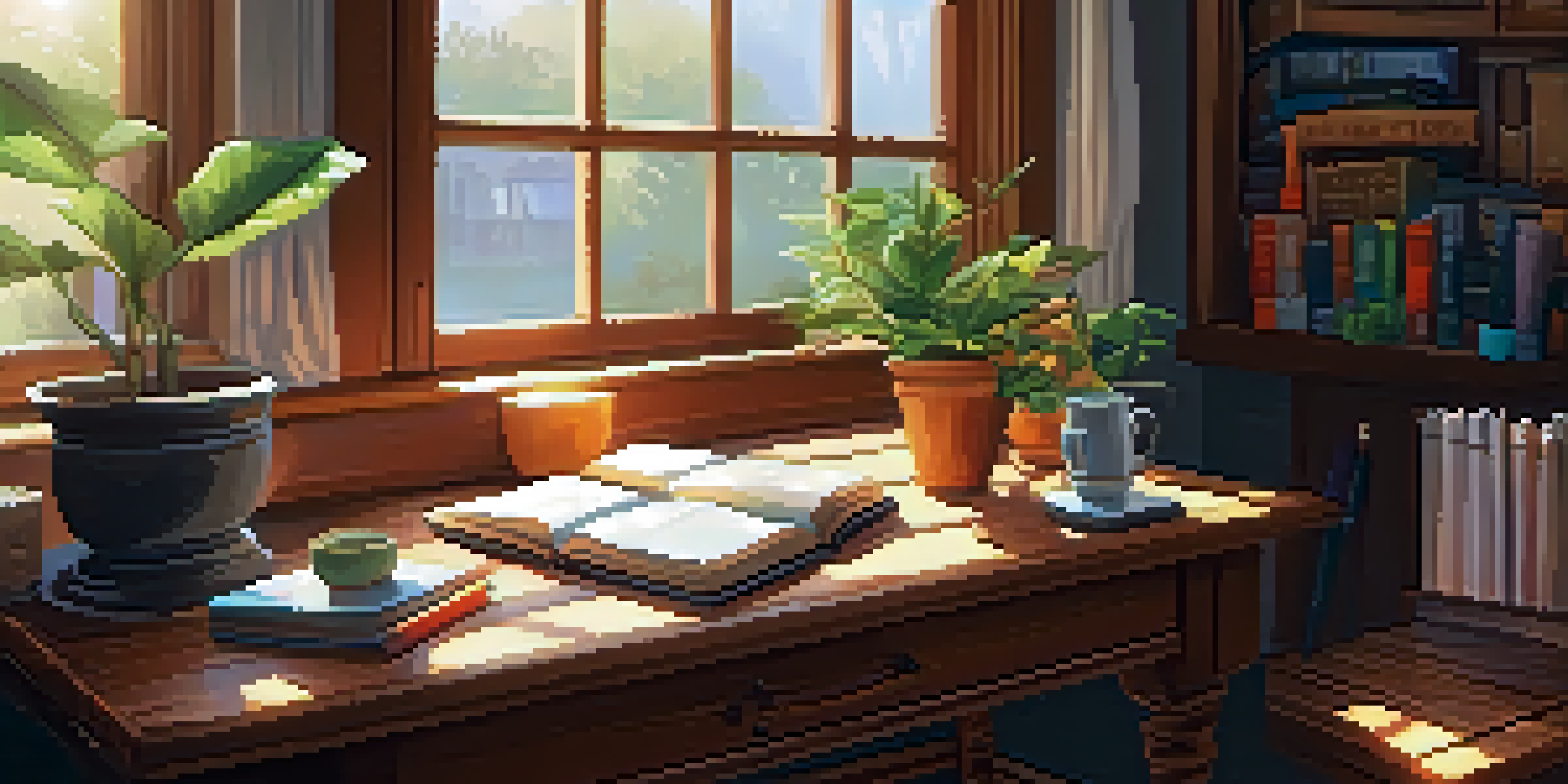 A warm and inviting writing space with a wooden desk, an open journal, colorful pens, a cup of tea, and sunlight streaming through a window.