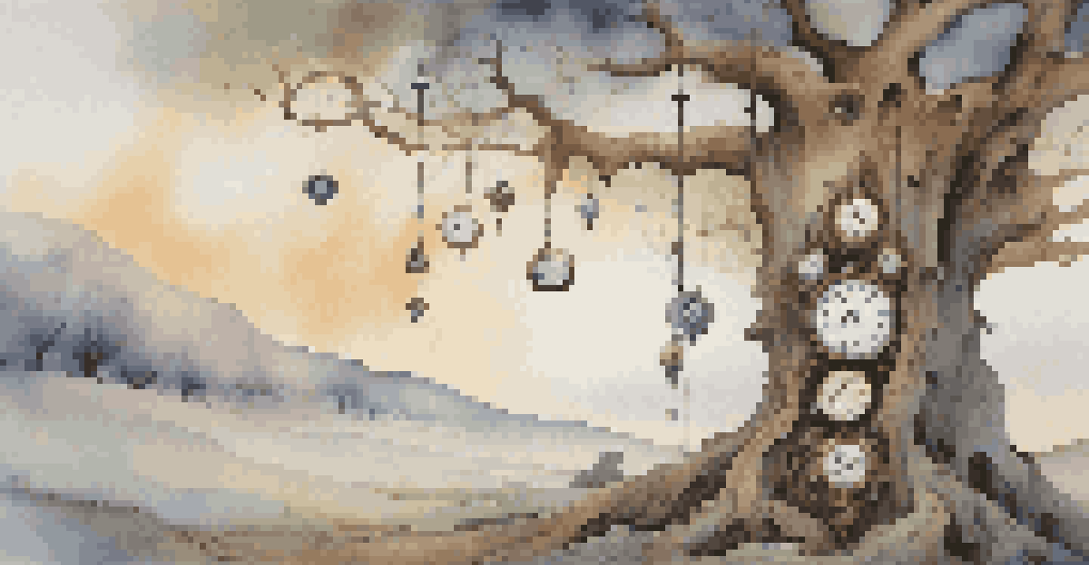 A surrealist landscape with melting clocks on an old tree, symbolizing the fluidity of time and the experience of aging.
