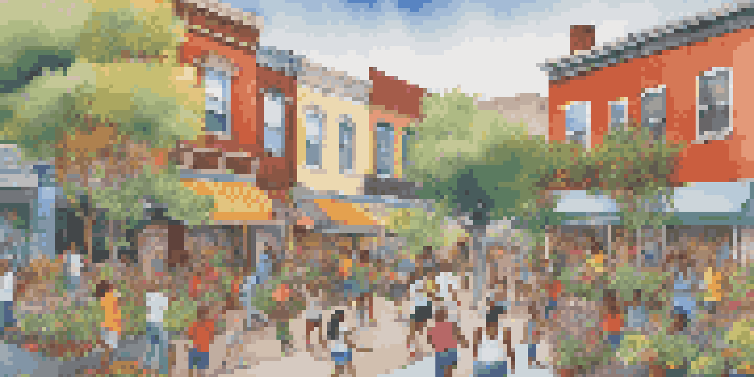 A colorful community mural showing people participating in art activities, with themes of health and community represented.